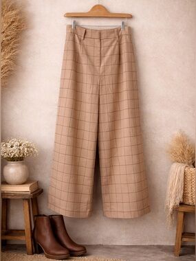 Halogen Tan Windowpane Wide-Leg Crop Pants